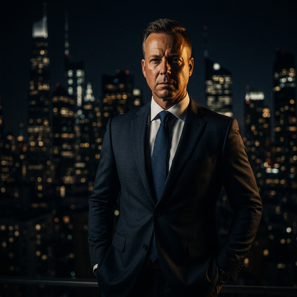 Author James J. Lukezic in a dark suit against the Manhattan skyline at night
